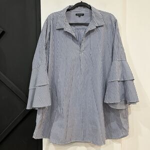 For Cynthia Women Striped Collared Tunic Top Pockets Bell Sleeve 3X Plus